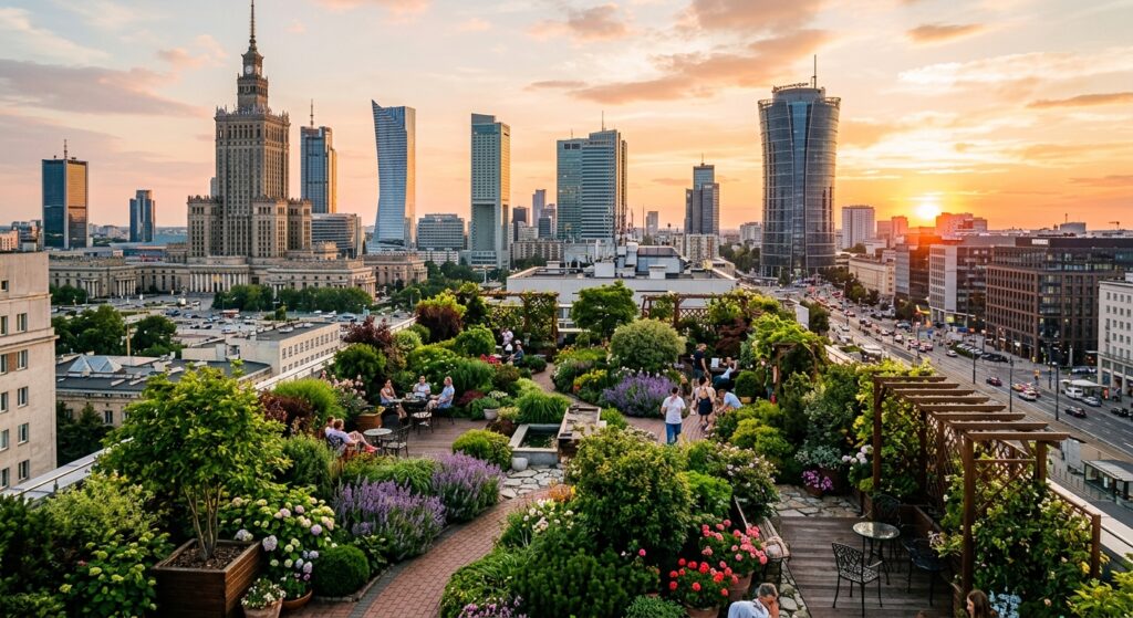 A high-angle editorial photograph of a lush, vibrant rooftop garden oasis nestled among the modern g