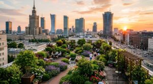A high-angle editorial photograph of a lush, vibrant rooftop garden oasis nestled among the modern g