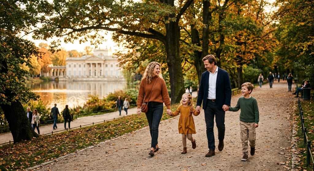 A high-angle editorial photograph of a happy family strolling along a tree-lined path in Warsaw’s Ła