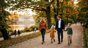 A high-angle editorial photograph of a happy family strolling along a tree-lined path in Warsaw’s Ła