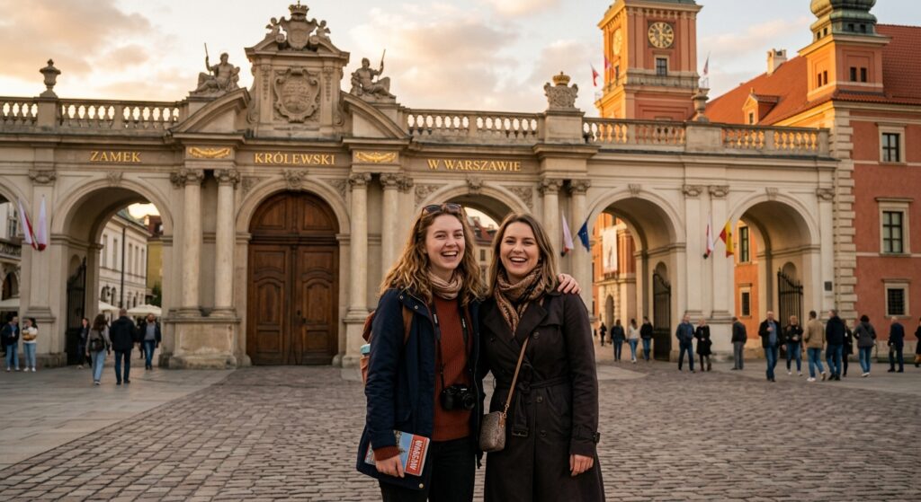 A professional editorial-style shot of a tourist and a local standing together in front of the ornat