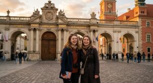A professional editorial-style shot of a tourist and a local standing together in front of the ornat