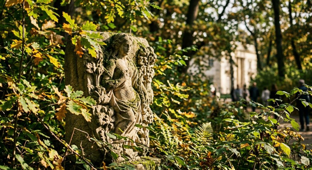 A close-up, editorial-style photograph of an ornate stone sculpture fragment peeking through lush, s