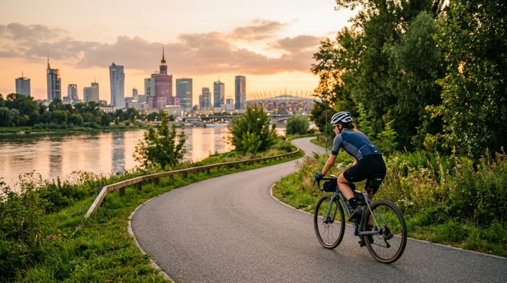 A cinematic, editorial-style wide shot of a modern cyclist riding along a scenic, paved Vistula rive