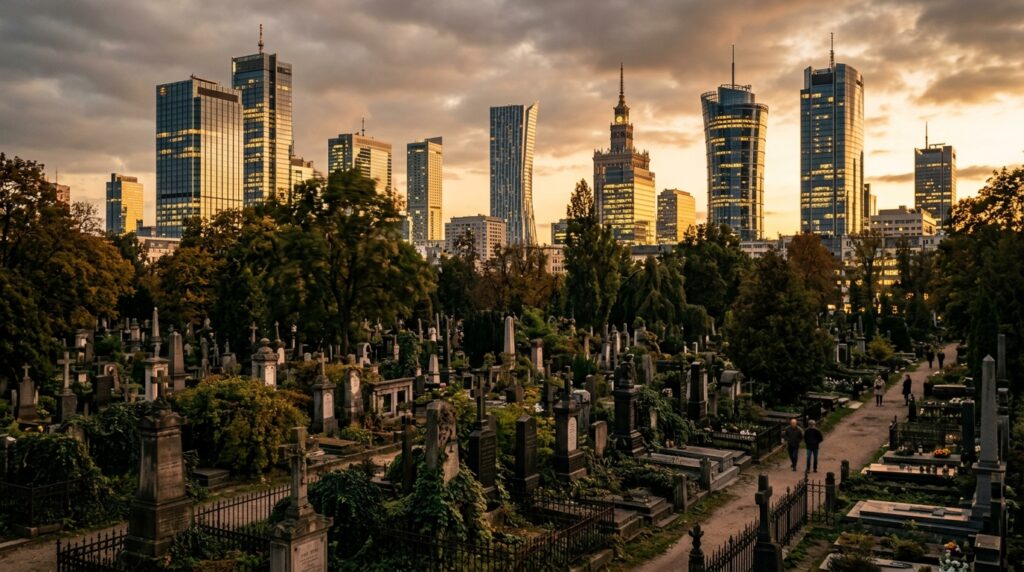 A cinematic wide shot of an overgrown, historic 19th-century cemetery nestled between modern glass s