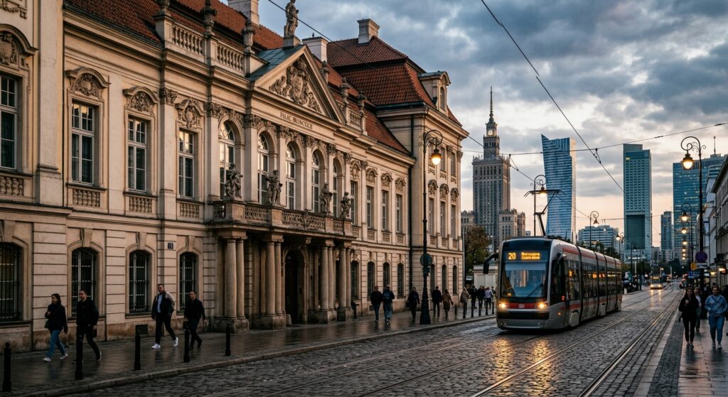 A sophisticated editorial photograph merging a historical Warsaw palace's ornate façade with subtle
