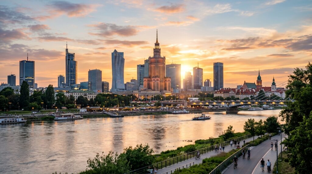 A high-quality, professional wide-angle shot of the golden hour skyline of Warsaw's left-bank distri