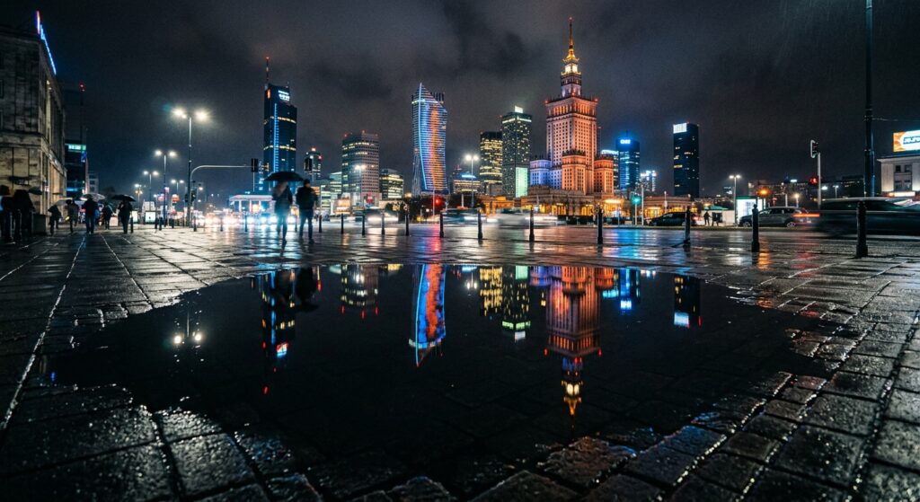 A night shot of the neon-lit Warsaw City Center skyline reflected in a wet pavement puddle, moody at