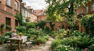 A lush, sun-dappled urban garden oasis hidden among historic brick Warsaw townhouses, captured in a