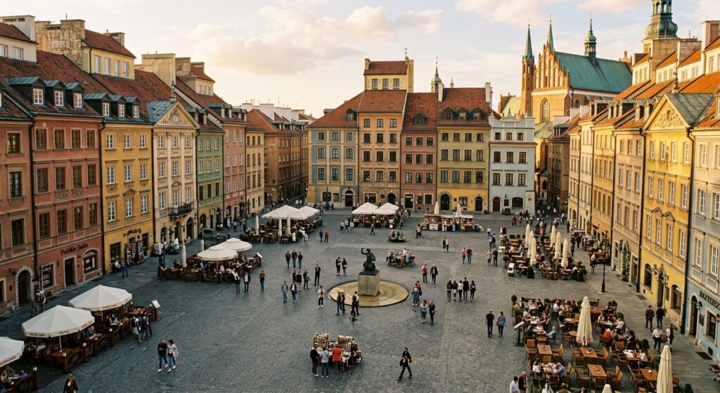 A high-angle, editorial-style photograph of the colorful Warsaw Old Town Market Square bathed in the
