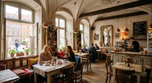 A chic, editorial-style photograph of a cozy, sunlit cafe interior nestled within a historic Warsaw