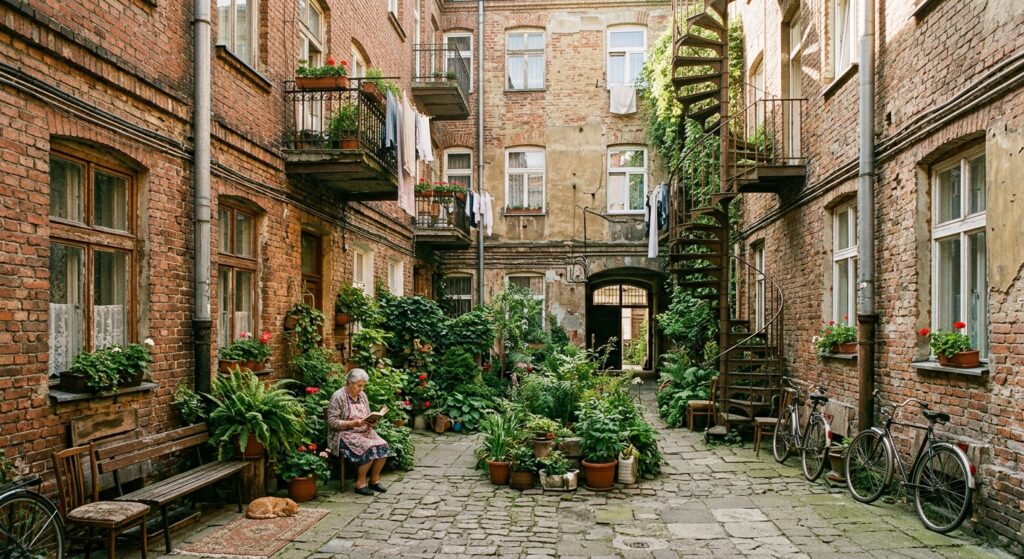 A high-quality, atmospheric editorial photograph of a secret, sun-drenched Warsaw tenement courtyard