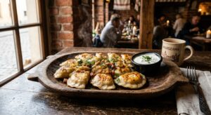 A high-quality, authentic close-up shot of a rustic wooden plate filled with steaming, golden-brown