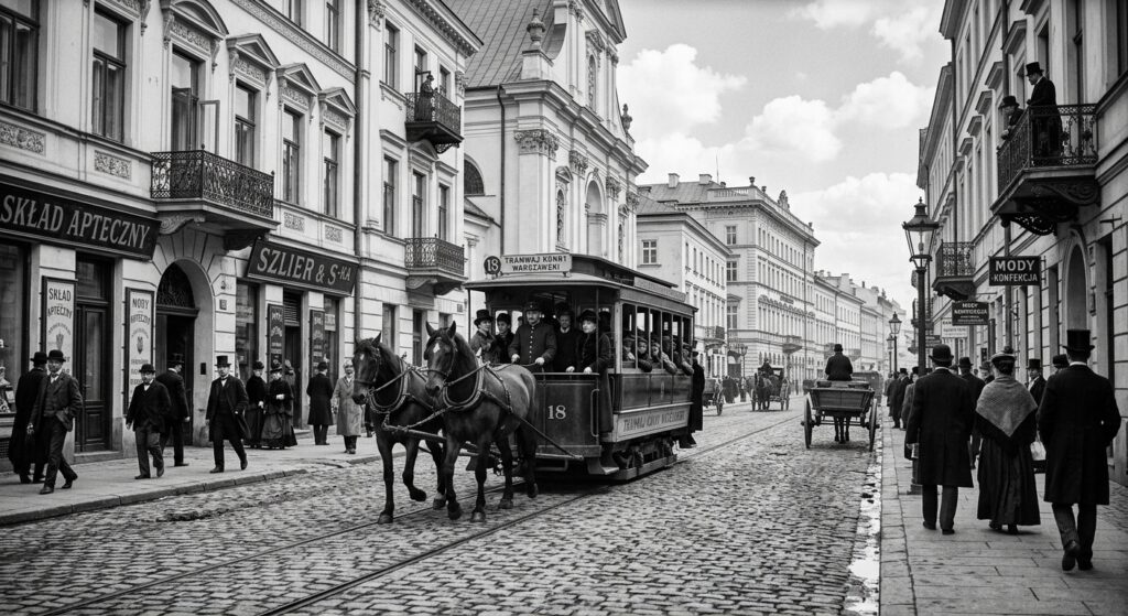 A vintage, high-quality editorial photograph capturing a historic horse-drawn tram traveling along a
