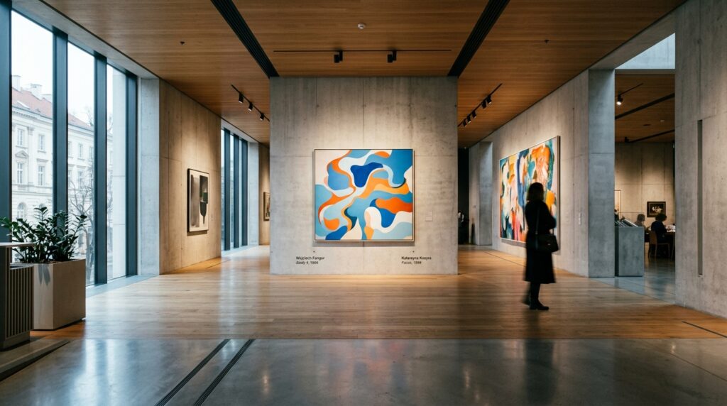 A sophisticated, atmospheric shot of an elegant modern art gallery interior in Warsaw, featuring sof