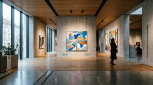 A sophisticated, atmospheric shot of an elegant modern art gallery interior in Warsaw, featuring sof