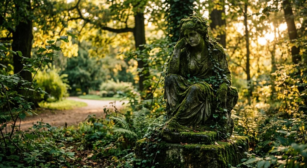 A cinematic, editorial-style photograph of a mysterious, moss-covered historical sculpture tucked aw