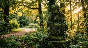 A cinematic, editorial-style photograph of a mysterious, moss-covered historical sculpture tucked aw