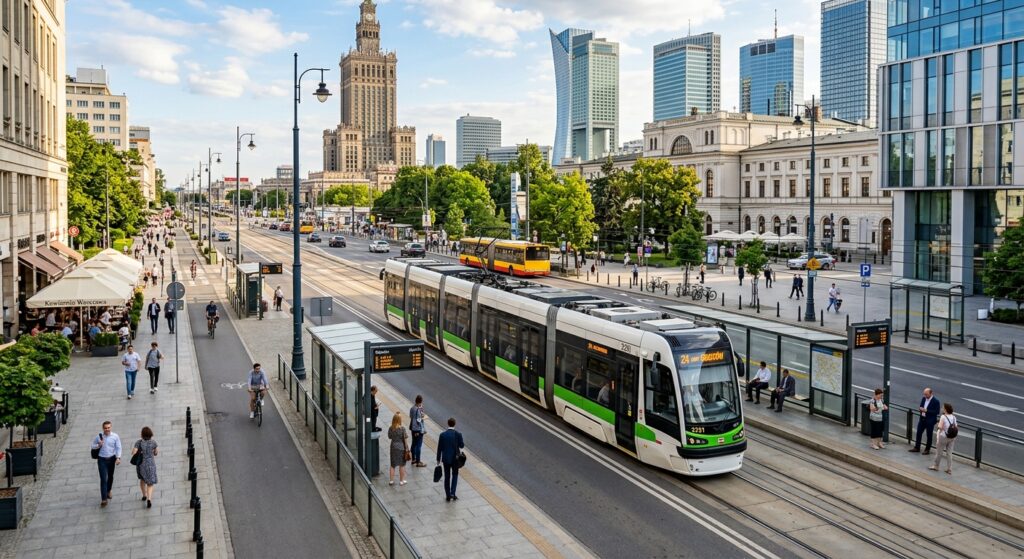 A polished, high-angle editorial shot of a modern tram gliding through a sunlit Warsaw street with t
