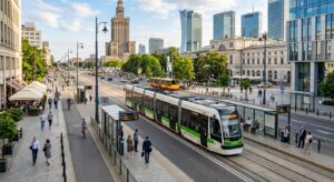 A polished, high-angle editorial shot of a modern tram gliding through a sunlit Warsaw street with t