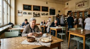 A high-quality, atmospheric editorial photograph of a classic Warsaw milk bar interior, featuring a