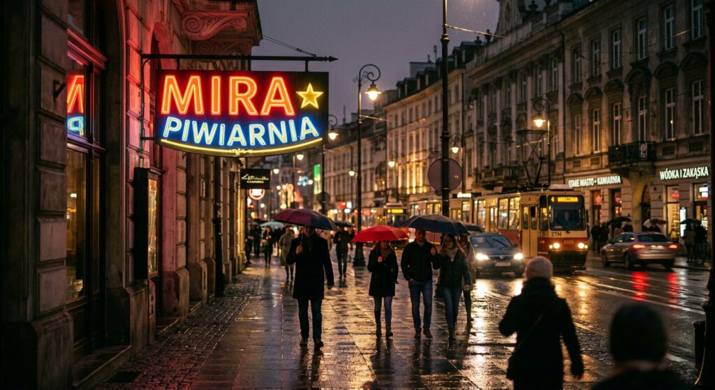 A high-quality, cinematic editorial photograph capturing a glowing vintage neon sign illuminating a