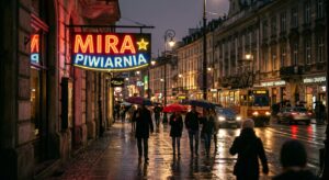 A high-quality, cinematic editorial photograph capturing a glowing vintage neon sign illuminating a