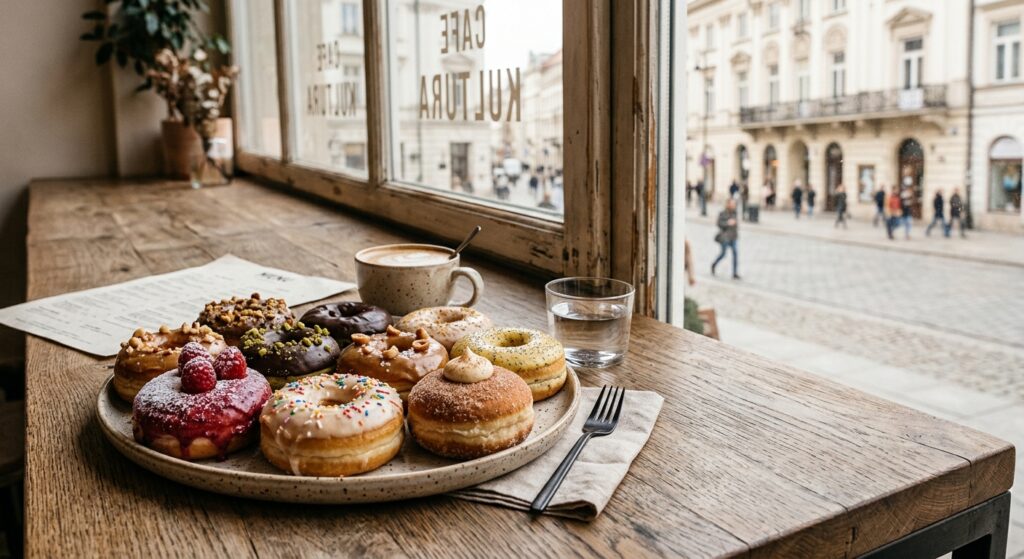 A cozy, high-angle editorial shot of assorted gourmet donuts on a rustic wooden table in a sunlit Wa