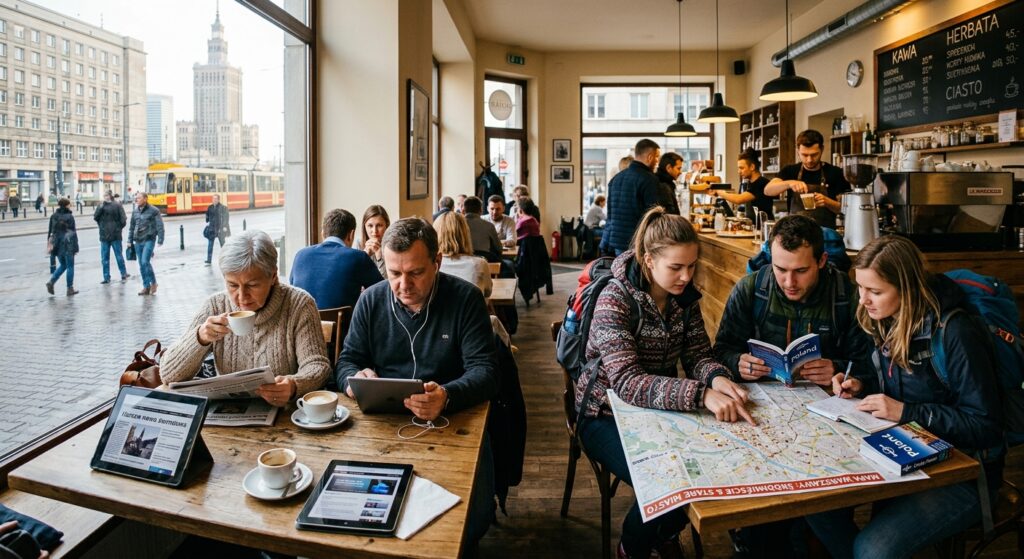 A bustling morning scene at a Warsaw cafe in Śródmieście with locals reading digital tablets and tou