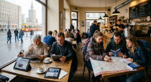 A bustling morning scene at a Warsaw cafe in Śródmieście with locals reading digital tablets and tou