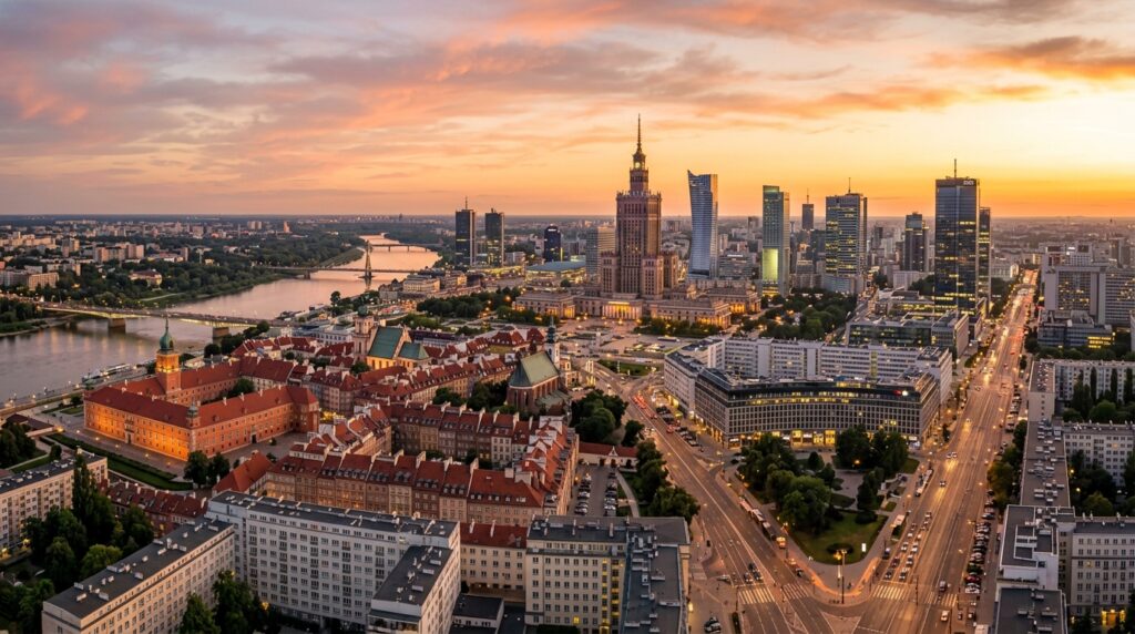 A professional, high-angle panoramic view of the Warsaw skyline at golden hour, showcasing the city'