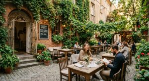 A cozy, hidden courtyard cafe in Warsaw tucked away from the busy street, featuring rustic wooden ta