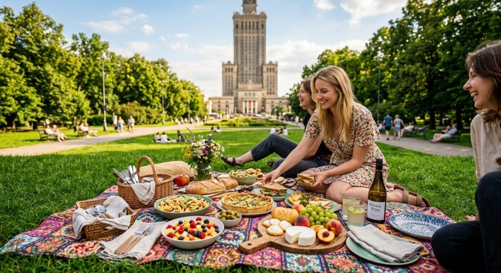 A high-angle, professional editorial shot of a vibrant, sunlit picnic spread on a lush green lawn in