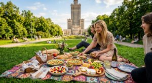 A high-angle, professional editorial shot of a vibrant, sunlit picnic spread on a lush green lawn in