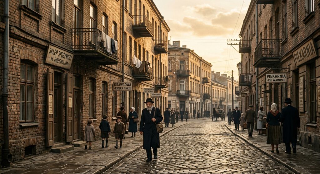 A cinematic, high-quality editorial photograph capturing the nostalgic atmosphere of a pre-war Warsa