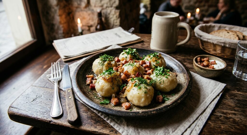 A professional, high-angle editorial food photograph of traditional Polish pyzy with meat, garnished