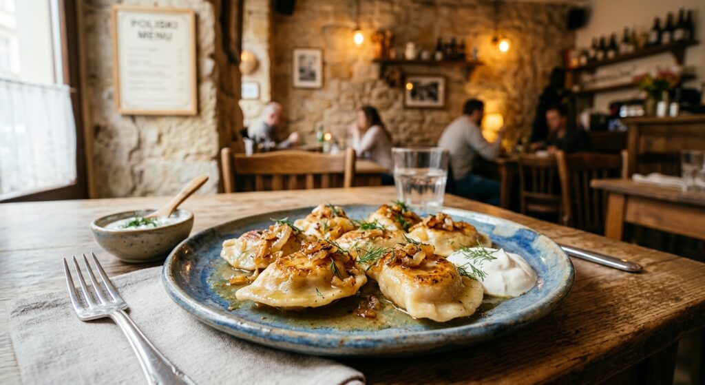 A mouth-watering, editorial-style close-up of traditional Polish pierogi served on a rustic ceramic