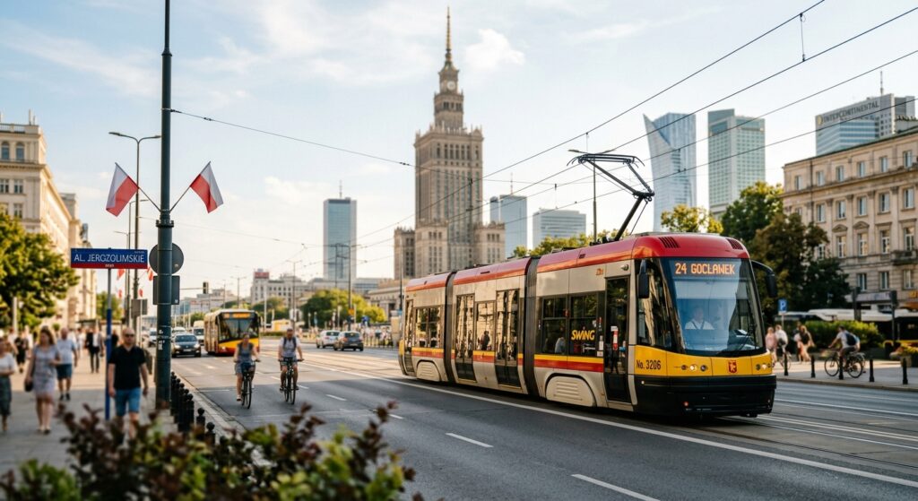 A modern, professional editorial shot of a sleek Warsaw tram gliding through a sunlit city street wi