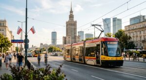 A modern, professional editorial shot of a sleek Warsaw tram gliding through a sunlit city street wi
