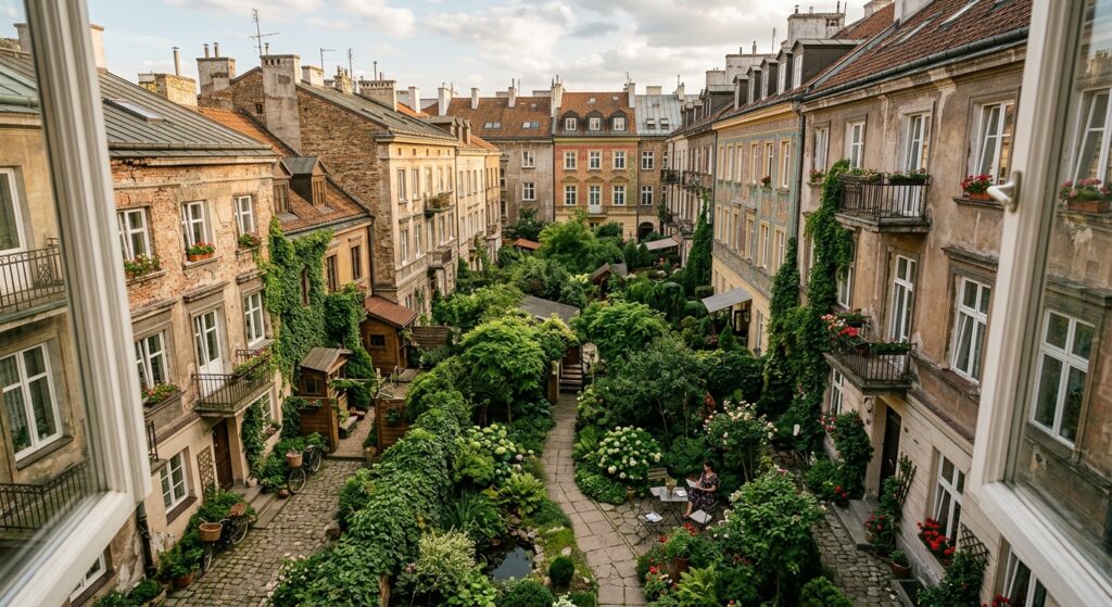 An editorial-style, high-angle shot of a lush, secret urban garden tucked away between historic Wars