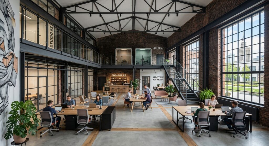 Professional architectural shot of a revitalized Warsaw industrial space turned into a creative hub,