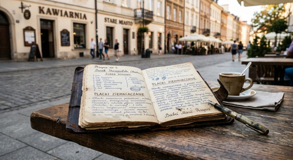 A professional editorial photograph of a vintage, handwritten Polish recipe notebook resting on an o