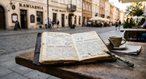 A professional editorial photograph of a vintage, handwritten Polish recipe notebook resting on an o