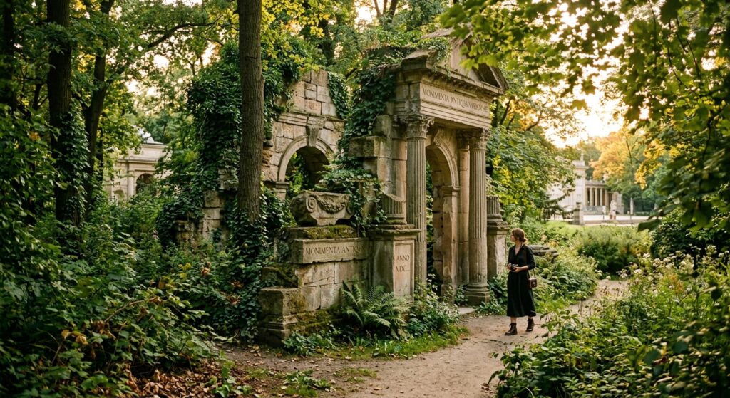 A cinematic, editorial-style photograph capturing overgrown stone ruins and weathered classical arch