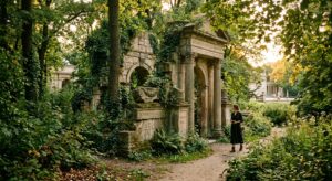 A cinematic, editorial-style photograph capturing overgrown stone ruins and weathered classical arch