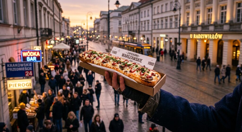 A cinematic, high-angle close-up of a steaming, golden-brown Polish zapiekanka topped with melted ch
