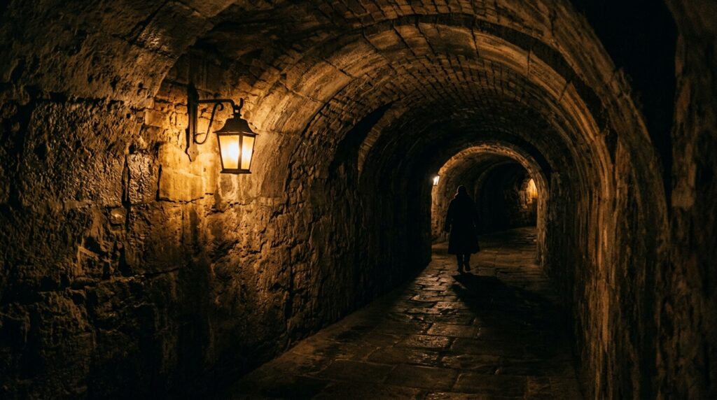 A moody, cinematic wide shot of a hidden, stone-vaulted underground corridor beneath Warsaw’s Old To