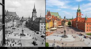 A high-quality editorial split-screen composition contrasting a historic black-and-white photograph