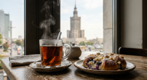 A close-up shot of a steaming glass of tea and a traditional Polish pastry on a wooden table with th