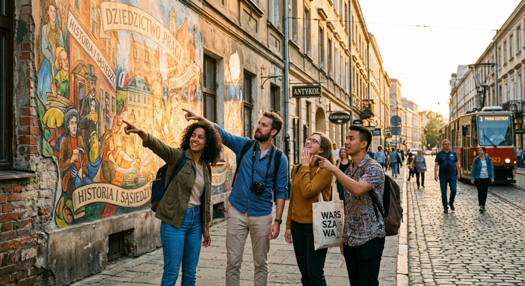 Vibrant street photography capturing a group of diverse tourists pointing at a historic mural in the